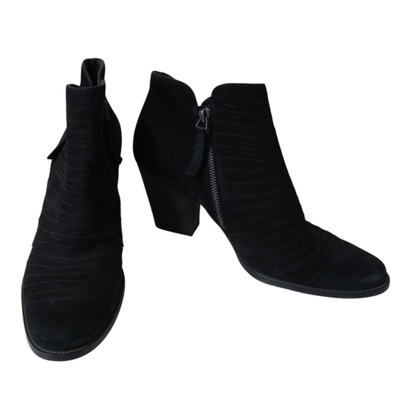Paul Green Malibu Sliced Zip Booties Leather Suede Ankle Boots Black Chunky Heel - Picture 1 of 9